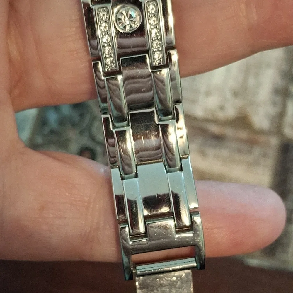 Two Womens Rhinestone Encrusted Silvertone 34mm Watches. Pre-Owned.